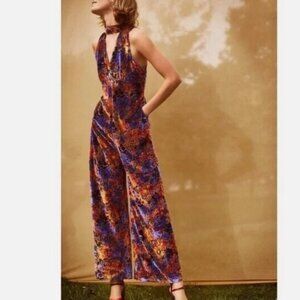 Maeve Anthropologie Green Ava Velvet Floral 70s Boho Jumpsuit NWOT size 0
